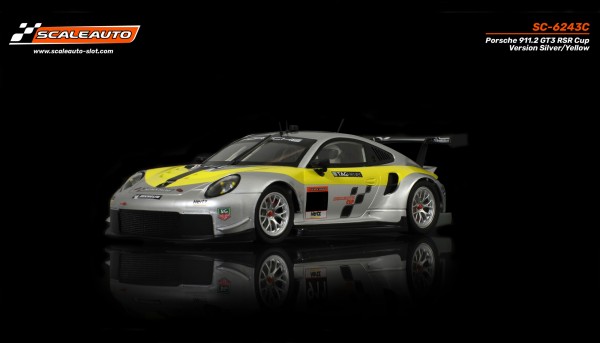 Slotcar 1:32 analog Bausatz SCALEAUTO Racing R 911.2 RSR Cup Version silver/yellow m.Fertigkarosserie u.Beklebungssatz